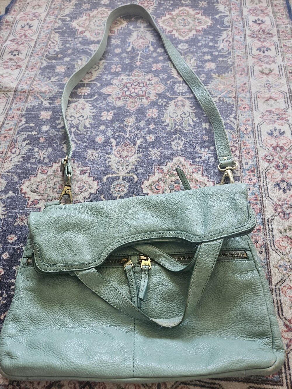 Fossil Erin leather tote or crossbody bag in a sea green color